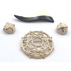 Givenchy Vintage Gold Tone Enamel Brooches and Clip-On Earrings Jewelry Set Lot